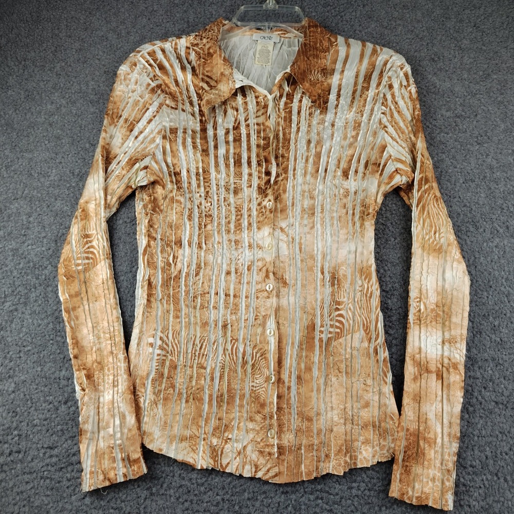 Cache Top Crinkle Womens Large Brown Button Up Long Sleeve Y2K Office Siren EUC